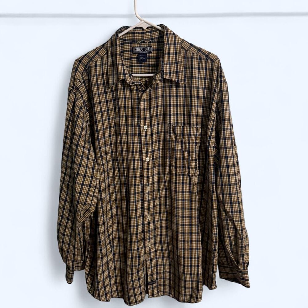 Structure shirt mens XL yellow blue plaid vintage button up grungeVintage 90s